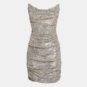 Reem Acra Silver Sequin Ruche Strapless Mini Dress L